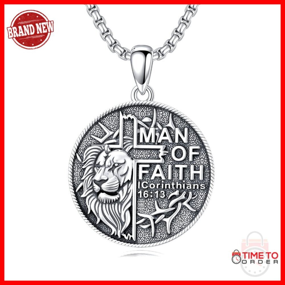 Sterling Silver Lion Pendant Necklace Christian Jewelry Men of Faith